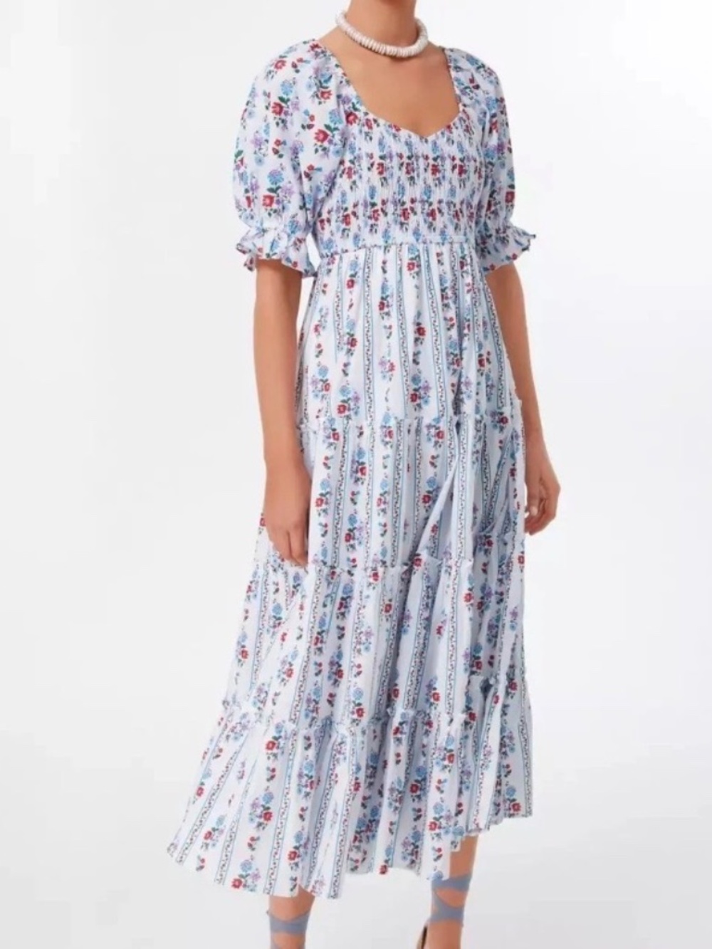 Pink City Prints Cindy Alpine Mix White Floral Tiered Midi Dress Women's Medium